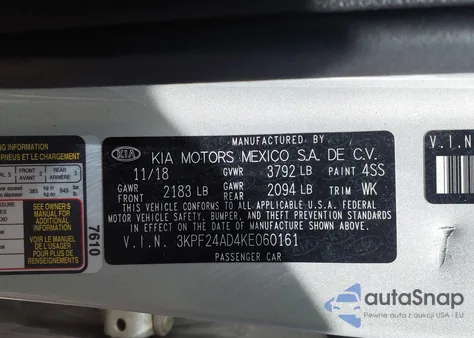 2019 Kia Forte Lxs from USA, damaged, VIN 3KPF24AD4KE060161